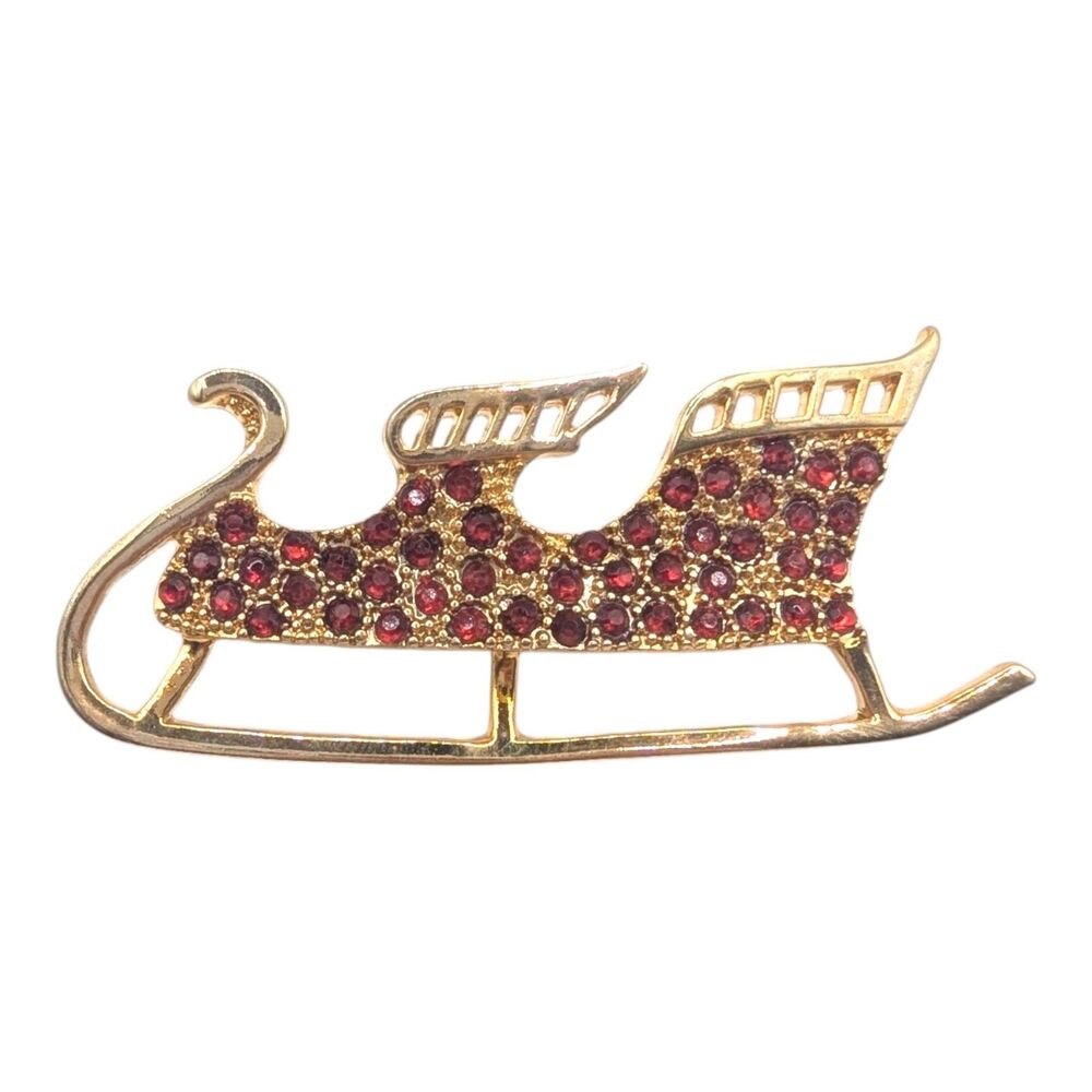 Vintage Monet Brooch Red Rhinestone Gold Tone Christmas Sleigh